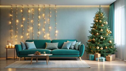 Modern living room adorned with a Christmas tree, teal sofa, and festive lights, Christmas, tree, teal, sofa, festive