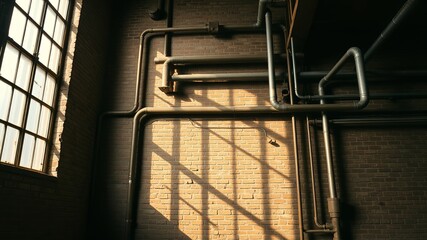 Wall Mural - A Brick Wall With Sunlight Filtering Through a Window Casting Shadows On the Intricate Network of Pipes