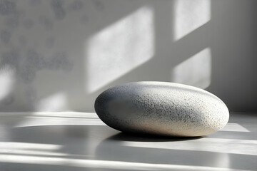 A smooth, light-colored stone rests on a surface, with soft shadows and light patterns creating a calm and serene atmosphere.