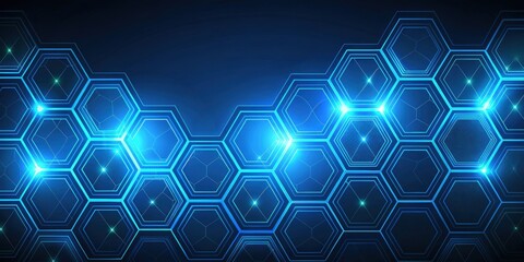 High-tech graphic design with blue neon hexagons on dark blue background, technology, digital, hexagons, neon