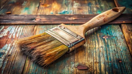 Close-up of a dirty paintbrush and dried paint , art supplies, messy, used, painting, close-up, grungy, craft