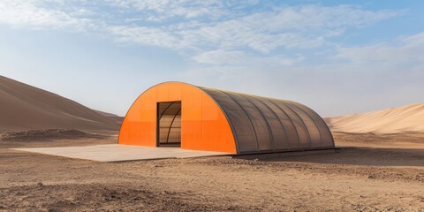 A modern military hangar tent with a bold orange and grey exterior, semi-transparent roof for natural light, and reinforced steel framework, positioned on a remote desert plateau surrounded by wind-sw