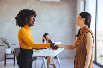 Two Businesswomen Shaking Hands in a Modern Office