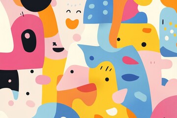 colorful abstract illustration featuring playful animal shapes and friendly expressions in a whimsic