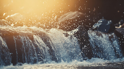 A close-up of water cascading over rocks at a popular summer waterfall, with splashes creating mist in the warm sunlight 