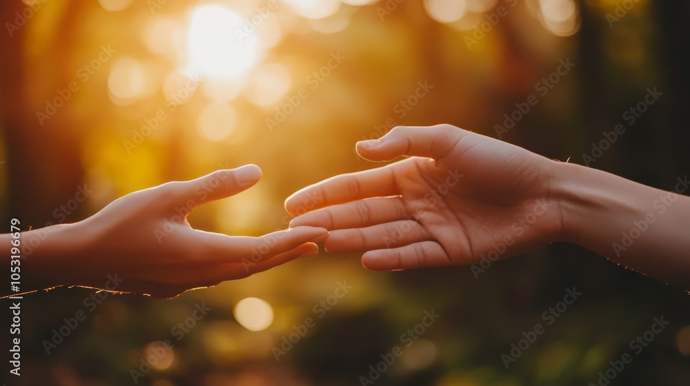 Reaching Out: Two hands extend toward each other against a soft, sun ...