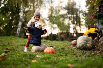 Two young children play among pumpkins in a scenic autumn setting. The siblings, dressed warmly, explore the outdoors, capturing the essence of fall joy and adventure.