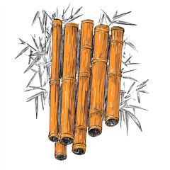 Hand-Drawn Illustration of Bamboo Stalks with Leaves