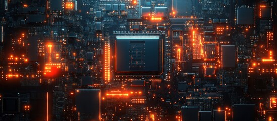 Wall Mural - futuristic circuit board with glowing orange and blue lights in a high-tech digital environment