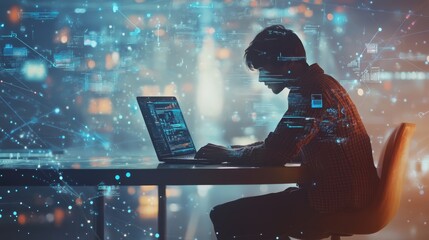 The Digital Frontier: A silhouette of a programmer diligently working on a laptop, surrounded by a mesmerizing digital landscape, represents the power and potential of technology.