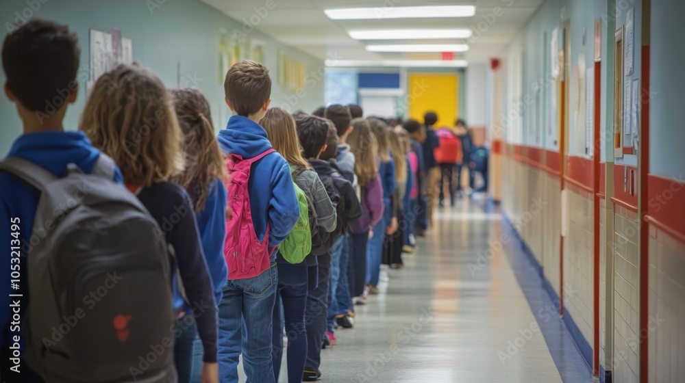 Students lining up in a school hallway, adhering to the rules and ...