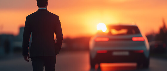 A man in a suit stands by a car while watching a stunning sunset, capturing a moment of reflection and tranquility in a busy world.