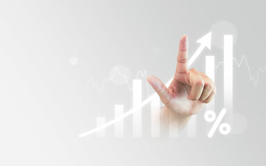 Businessman growth graph business profit chart on success finance background and increase rise strategy up arrow financial stock market. Digital goal analysis progress development target sale concept.