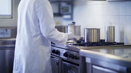 Poster - A scientist in a lab coat standing near a stainless steel electric stove using octane, on