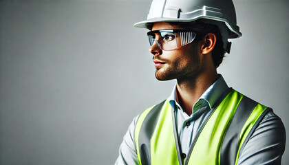 A man wearing a yellow vest and a hard hat stands in front of a gray wall. He is wearing safety glasses and a reflective vest