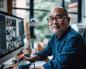 Wall Mural - A man sits at his desk, looking directly at the camera. AI.