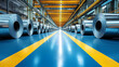 © assia - Industrial steel coils in modern factory warehouse with yellow overhead cranes and blue floor
