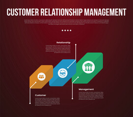 CRM infographic template with big table with creative rotated hexagon with line pointing direction with dark background style with 3 point for slide presentation