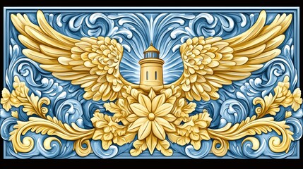 Poster - Elegant Winged Lighthouse and Floral Relief Design