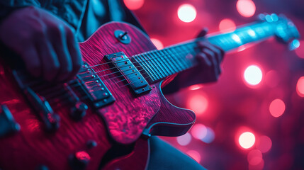 Cropped photo of guitarist's fingers on fretboard of electric guitar with vibrant blue-red stage lighting in smoke. Concept of rock and classic music, hobby and work, energy, music festival, concert.