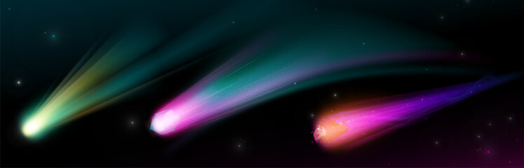 Wall Mural - celestial objects - asteroids or comets streaking across space with vibrant fire tails. realistic 3d