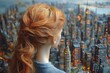 © andrei - A woman with red hair contemplates a miniature illuminated cityscape.