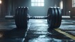 © MDJAHID - barbell resting on the gym floor bodybuilding concept background, generative ai