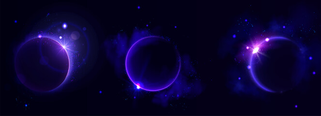 Wall Mural - solar eclipse shown through glowing purple rings on dark background. celestial phenomenon depicts mo
