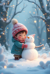 A magical winter scene of children building a snowman, surrounded by twinkling lights and laughter, capturing the essence of childhood joy