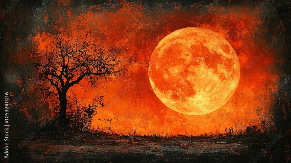 A dramatic landscape featuring a large orange moon and a silhouetted tree against a fiery sky.
