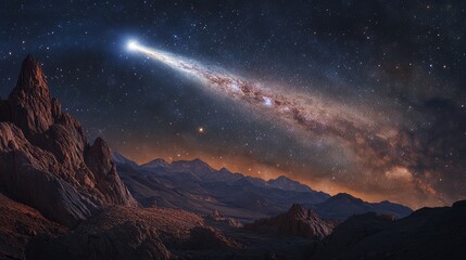 Wall Mural - a breathtaking view of a galaxy illuminated by a bright comet streaking across the cosmic landscape,