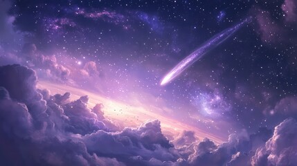 Wall Mural - a serene view of a distant galaxy with a comet traversing its vicinity, surrounded by soft clouds of