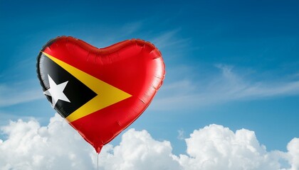 東ティモールの国旗のハート型の風船と青空(Timor-Leste flag heart-shaped balloon and blue sky.)
