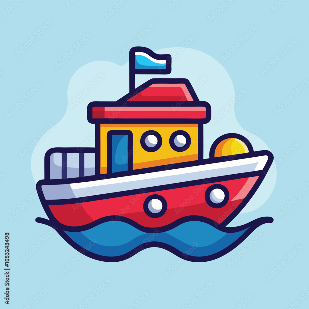 Cute cartoon illustration of a red and yellow boat with a blue flag on ...
