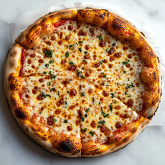 Delight in every bite top view of a classic perfectly baked cheese pizza with fresh basil garnish