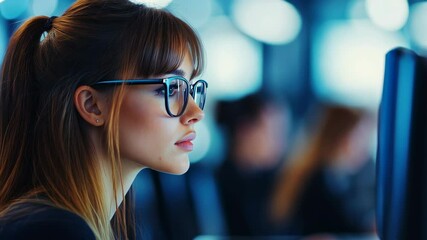 Woman in Glasses Looking at Computer Screen, female, monitor, working, office, business
