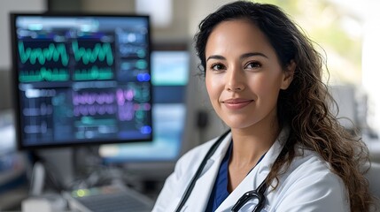 Female healthcare professional analyzing holographic data displays in an advanced futuristic medical environment such as a hospital clinic or research lab