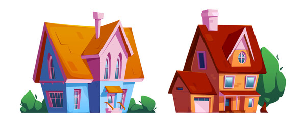 Suburban residential buildings with distinctive colorful exterior designs. Cartoon two story mansions with orange roofs, multiple windows, chimneys, front entrance awning surrounded by green bushes.