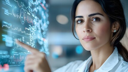 Wall Mural - close up portrait of a female healthcare professional analyzing and interpreting advanced medical da