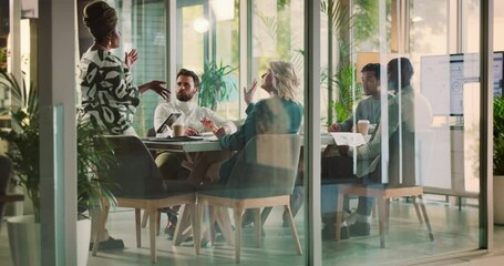 Aufkleber - Presentation, boardroom and group in meeting, glass and discussion for proposal, talking and publicist. Office, speaker and explaining to corporate people, teamwork and collaboration with colleagues