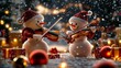 © Vesovic  - Two smiling snowmen don Santa hats and play violins in a magical winter wonderland, surrounded by softly falling snow and twinkling holiday decorations.