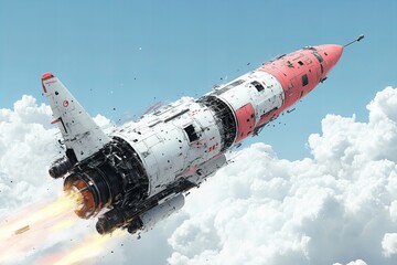 Futuristic rocket launching through clouds with fiery boosters in clear sky