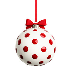 White ornament with red dotted patterns on red ribbon isolated on white background, decoration for Christmas tree.