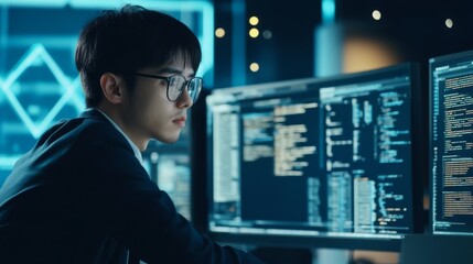 Asian software developers working on multiple screens displaying code and application diagrams in a modern office