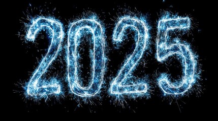 The image is a stylized representation of the number twenty-five. The letters are made up of blue sparks, giving the impression of a futuristic or sci-fi theme. Scene is one of excitement