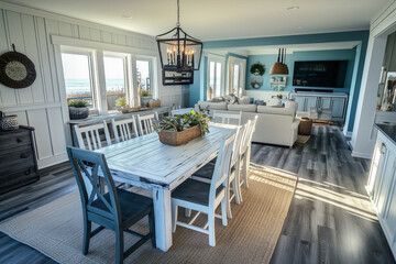 coastal dining room decorated in watery blue hue with gray tones color palette