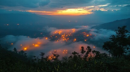 Wall Mural - A misty valley town with scattered lights and a hazy sunset sky.