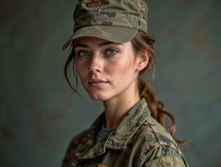 Portrait of a beautiful girl in a military uniform. Military concept.