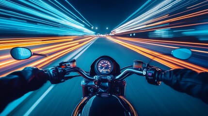 Motorcycle zooms highway vibrant neon lights trailing, cityscape blurred speed motion. AI generated