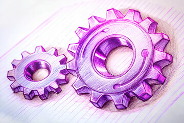 Two purple gears illustrated on a textured background, showcasing intricate designs and a focus on mechanical components and engineering.